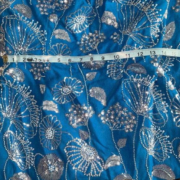 Milly Orion Sequin Embellished Linen Strapless Blue Floral Dress